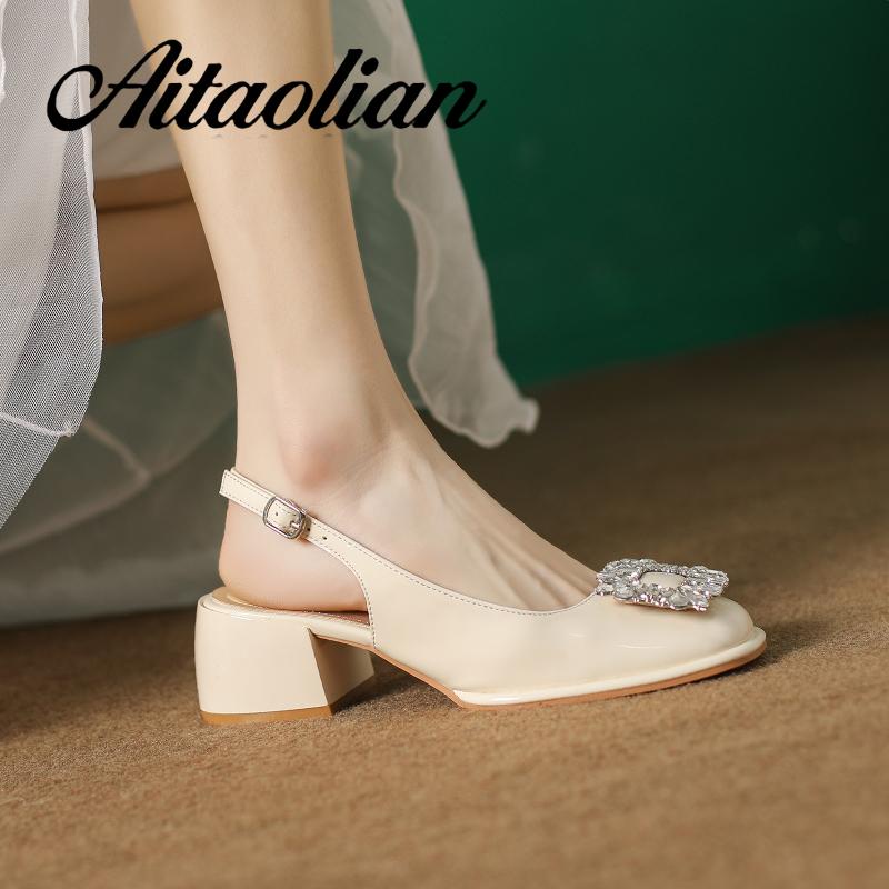 Xăng đan Cao Gót 5cm Bằng Da Mềm Mũi Vuông Màu Trơn Thời Trang Cho Nữ