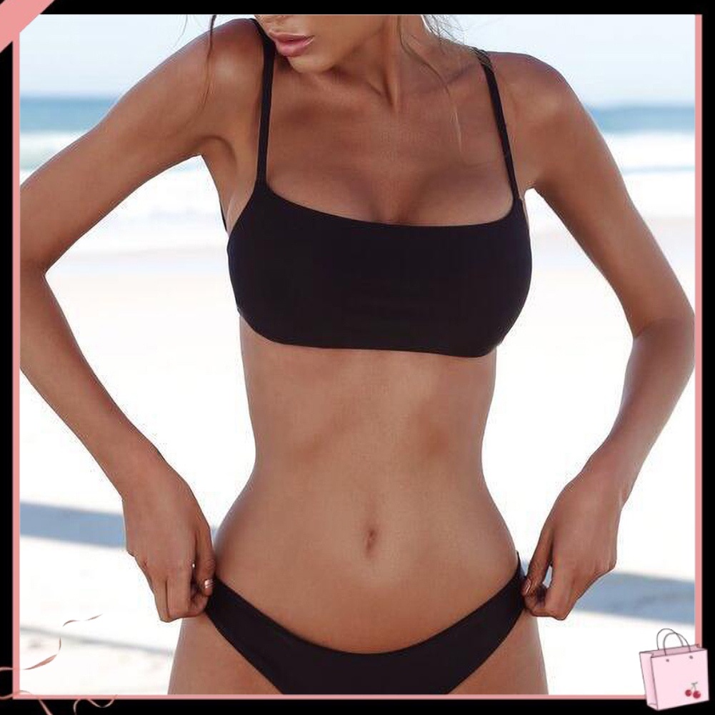 Bộ Đồ Bơi Bikini Màu Trơn Không Dây Có Đệm Ngực Dành Cho Nữ