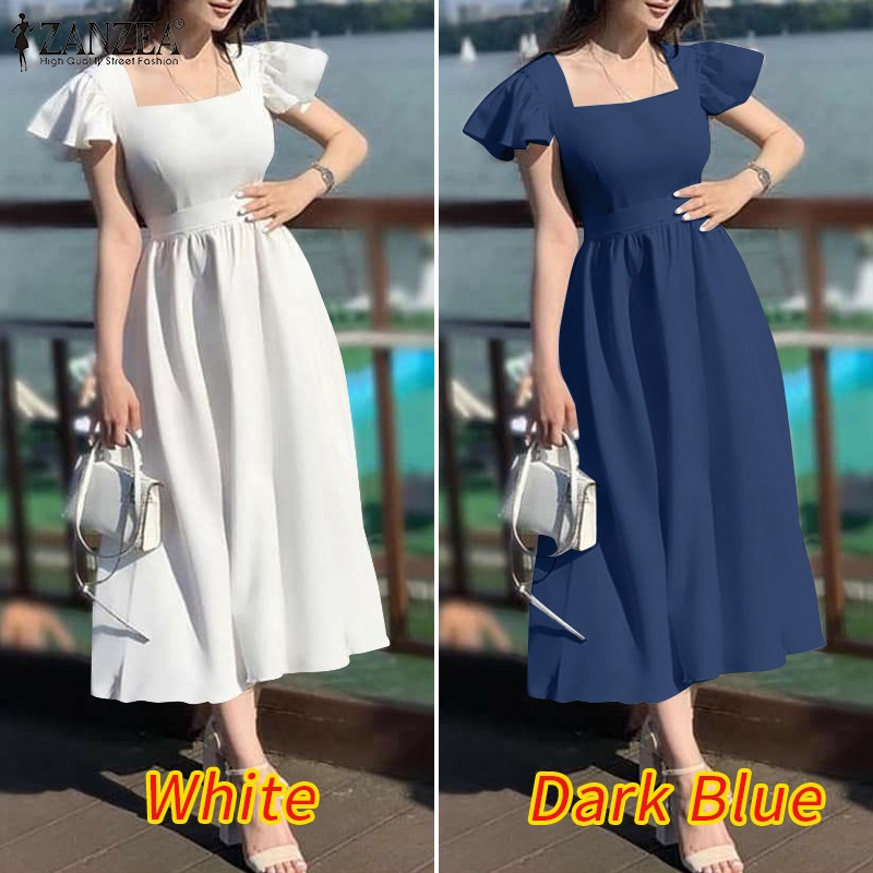 Zanzea Đầm Midi Cổ Vuông Phong Cách Hàn Quốc Thời Trang Cho Nữ