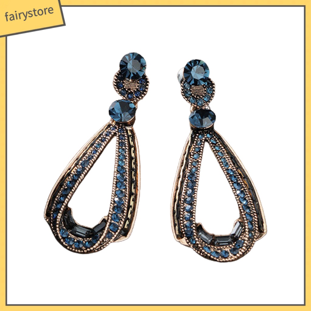 [FRO] Bông Tai Giọt Nước Đính Đá Xanh Lam Hình Giọt Nước Phong Cách Vintage Công Sở