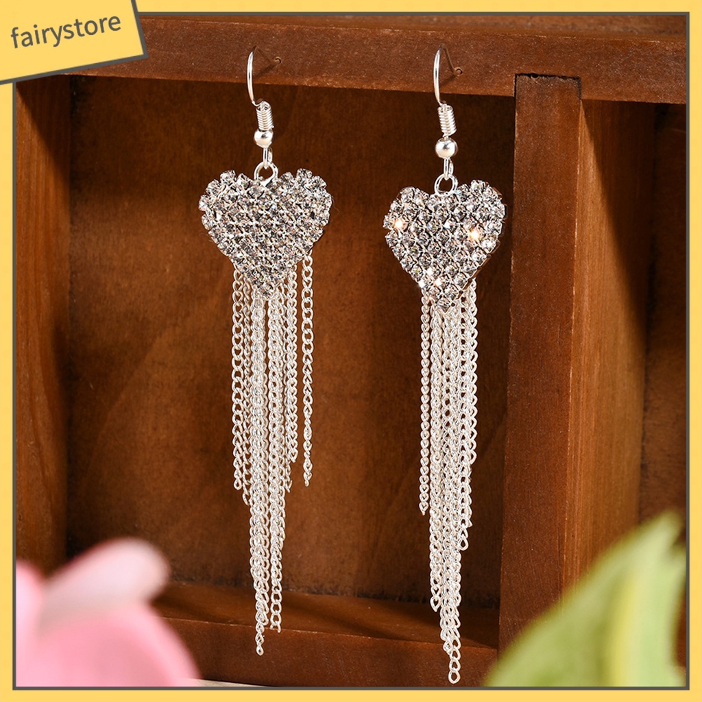 Bông Tai Dài Hình Trái Tim Đính Đá Lấp Lánh Thời Trang Cho Nữ