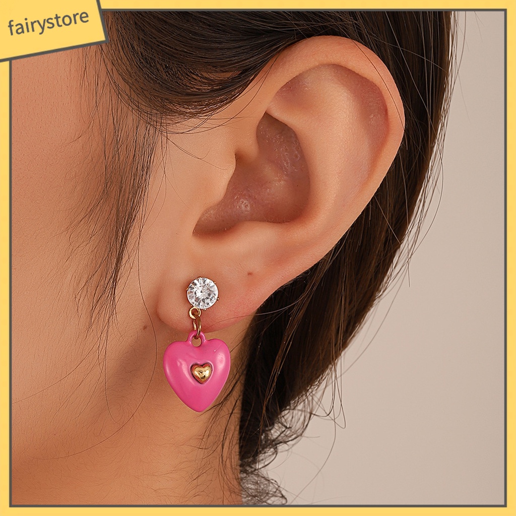 1 Đôi Bông Tai Hình Trái Tim Đính Đá Zircon Màu Sắc Tươi Sáng Dành Cho Nữ