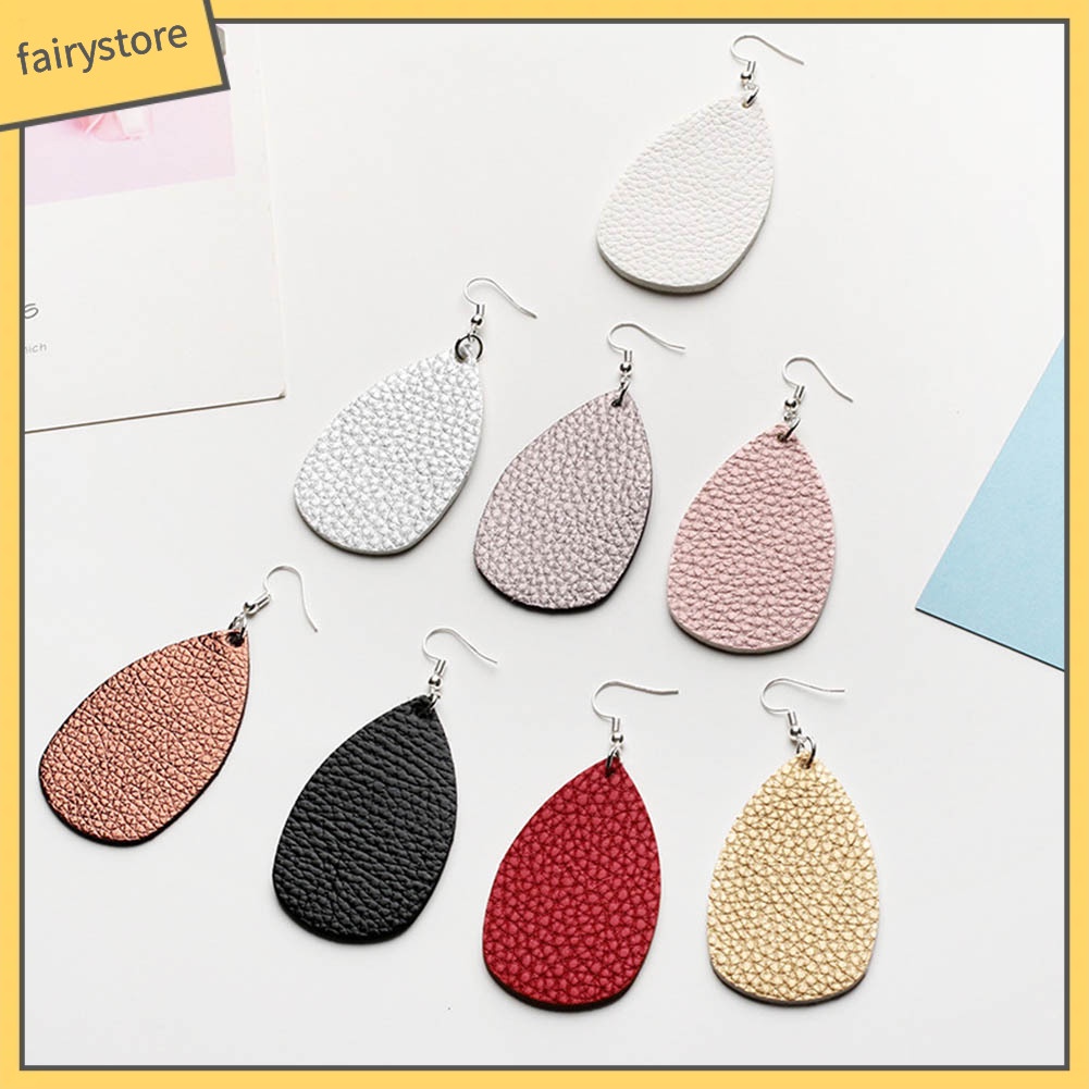 [FRO] Bông Tai Móc Câu Bằng Da Giả Kết Cấu Quả Vải Hình Giọt Nước Cho Nữ