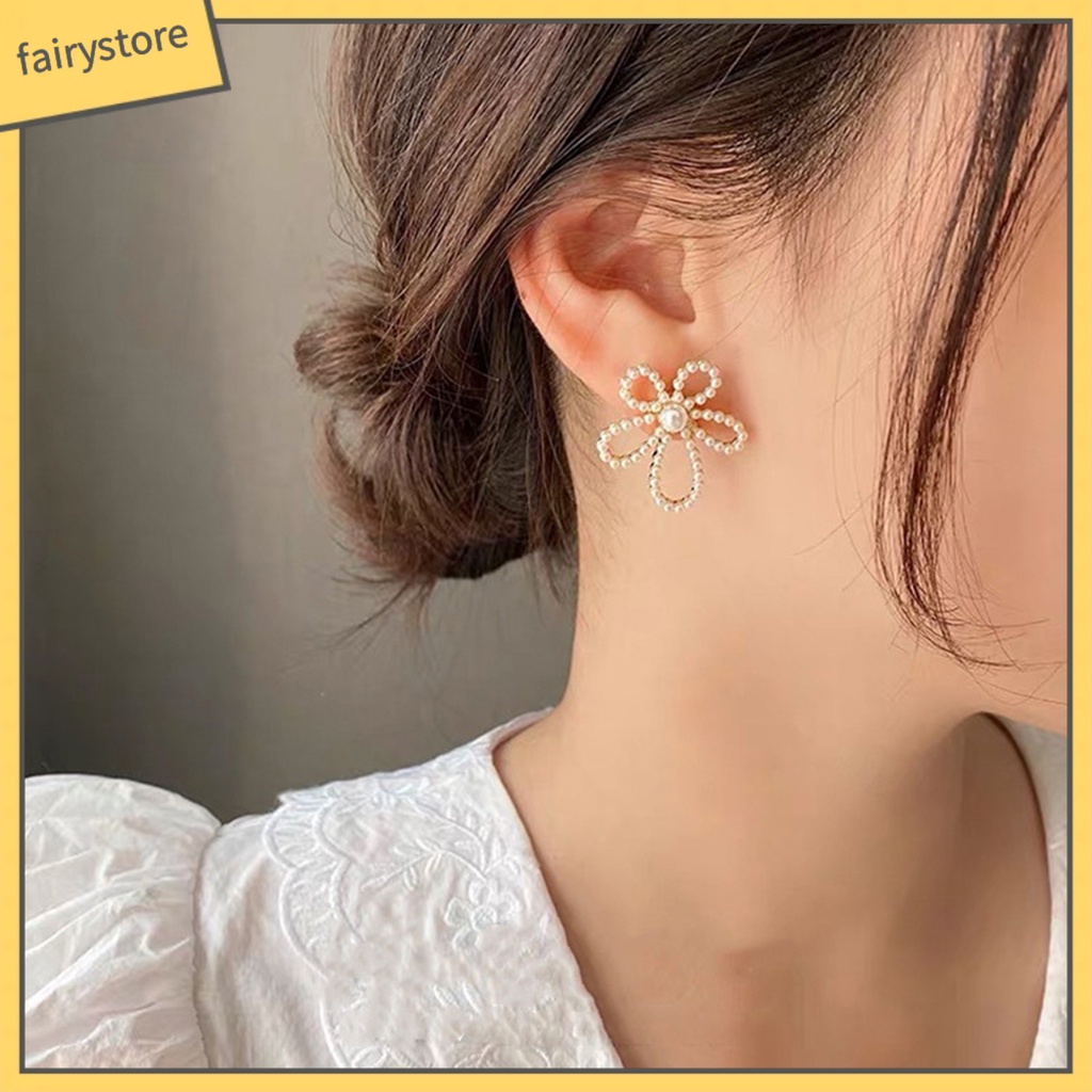 1 Đôi Bông Tai Hình Hoa Đính Ngọc Trai Giả Phong Cách Vintage