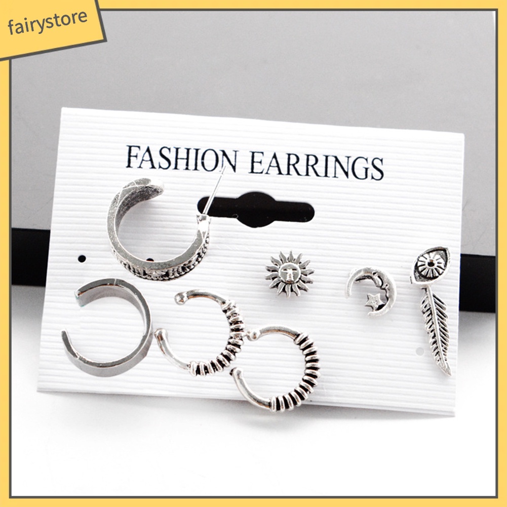 Bông Tai Dạng Kẹp Hình Mặt Trời / Lông Vũ Chạm Khắc Phong Cách Boho Punk Cổ Điển