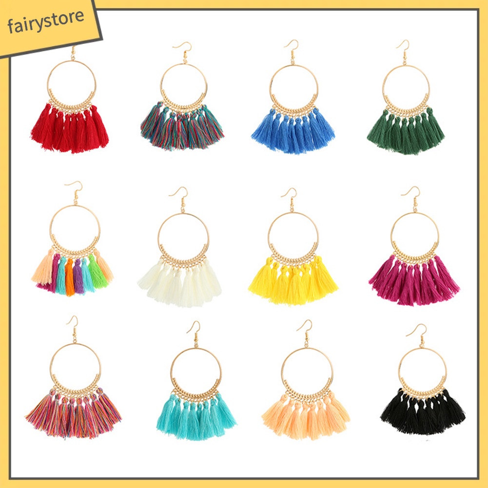 Đôi Khuyên Tai Tròn Phối Tua Rua Phong Cách Vintage Thời Trang Cho Nữ