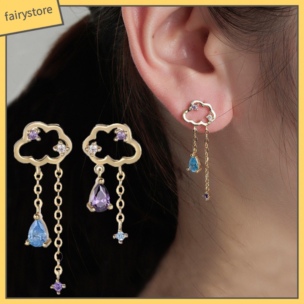 Bông Tai Hình Đám Mây / Giọt Nước Đính Đá Phối Tua Rua Dễ Thương Thời Trang Cho Nữ