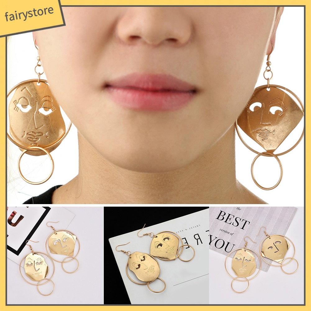 Khuyên Tai Dạng Móc Mặt Người Không Đối Xứng Chạm Khắc Thời Trang Cho Nữ