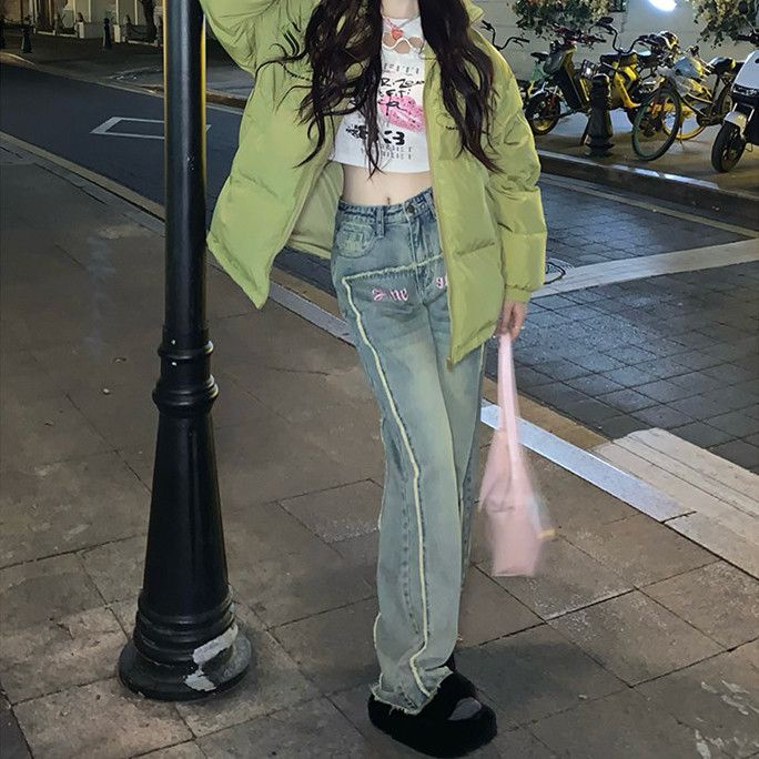 Y2k Quần Jeans Nữ Lưng Cao Ống Rộng Thêu Họa Tiết Phong Cách Hàn Quốc Dễ Phối Đồ Thời Trang Mùa Xuân