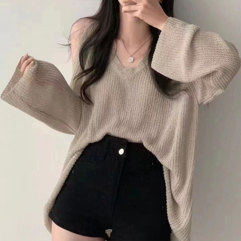 Áo sweatshirt XINLANYASHE tay dài trễ vai cổ chữ V dáng rộng phong cách ngọt ngào thời trang chống nắng