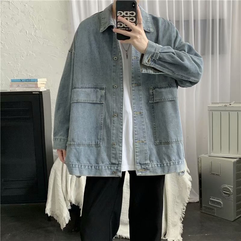 Áo Khoác Denim Dáng Rộng Phong Cách Retro Hong Kong Thời Trang Thu Đông Cho Nam