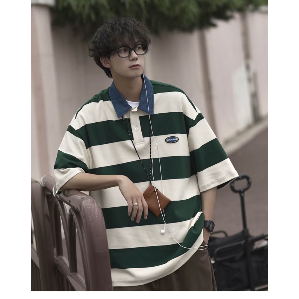 Áo Thun polo Tay Ngắn Dáng Rộng Họa Tiết Kẻ Sọc Thời Trang Mùa Hè Phong Cách Nhật Bản Cho Nam 23