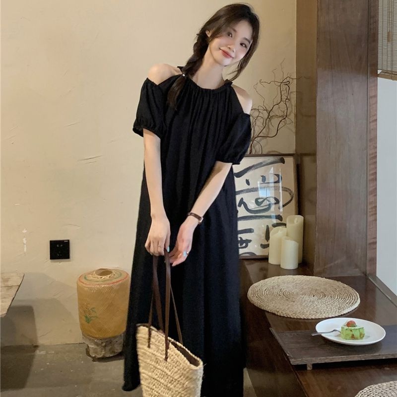 COZOK Đầm Midi Tay Ngắn Hở Vai Dáng Rộng Thời Trang Quyến Rũ Cho Nữ