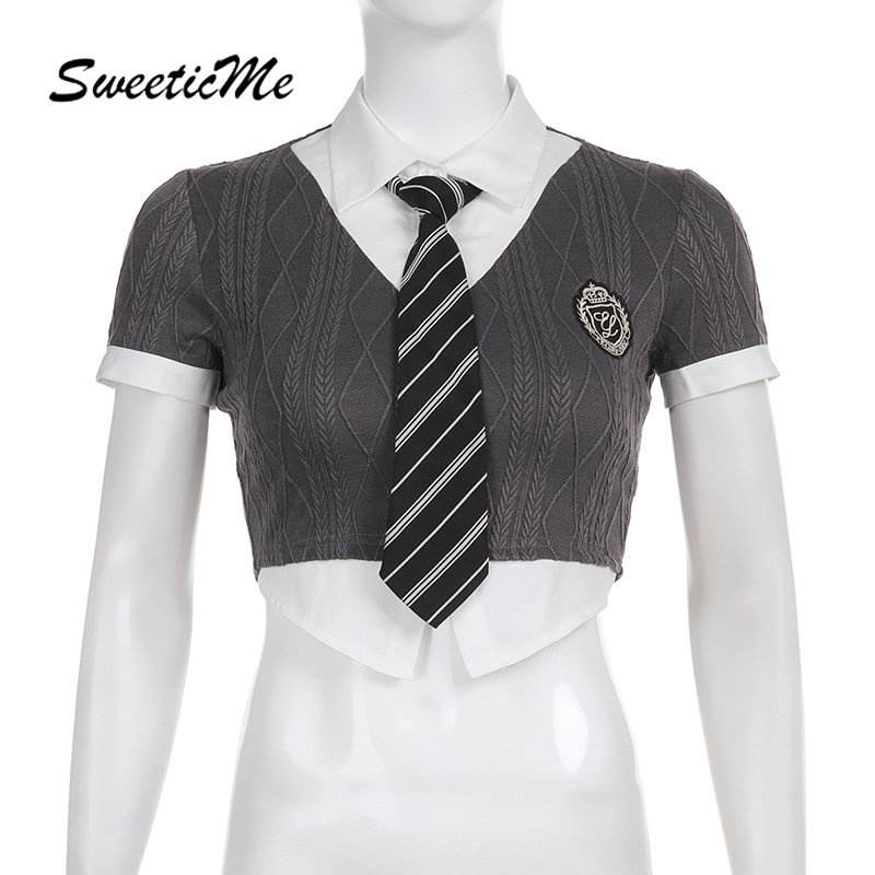 Áo Thun Tay Ngắn Giả Hai Lớp Cổ Bẻ Thắt Cà Vạt Thời Trang 2023 Dành Cho Bạn Nữ