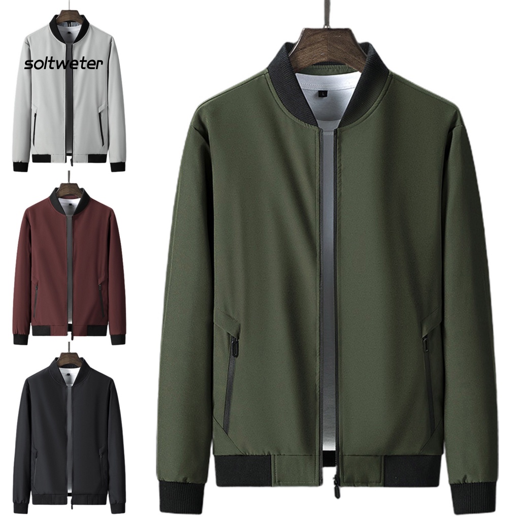 Áo Khoác Cổ Đứng Màu Trơn Dáng Rộng Có Túi Và Khóa Kéo Thời Trang Xuân Thu Cho Nam