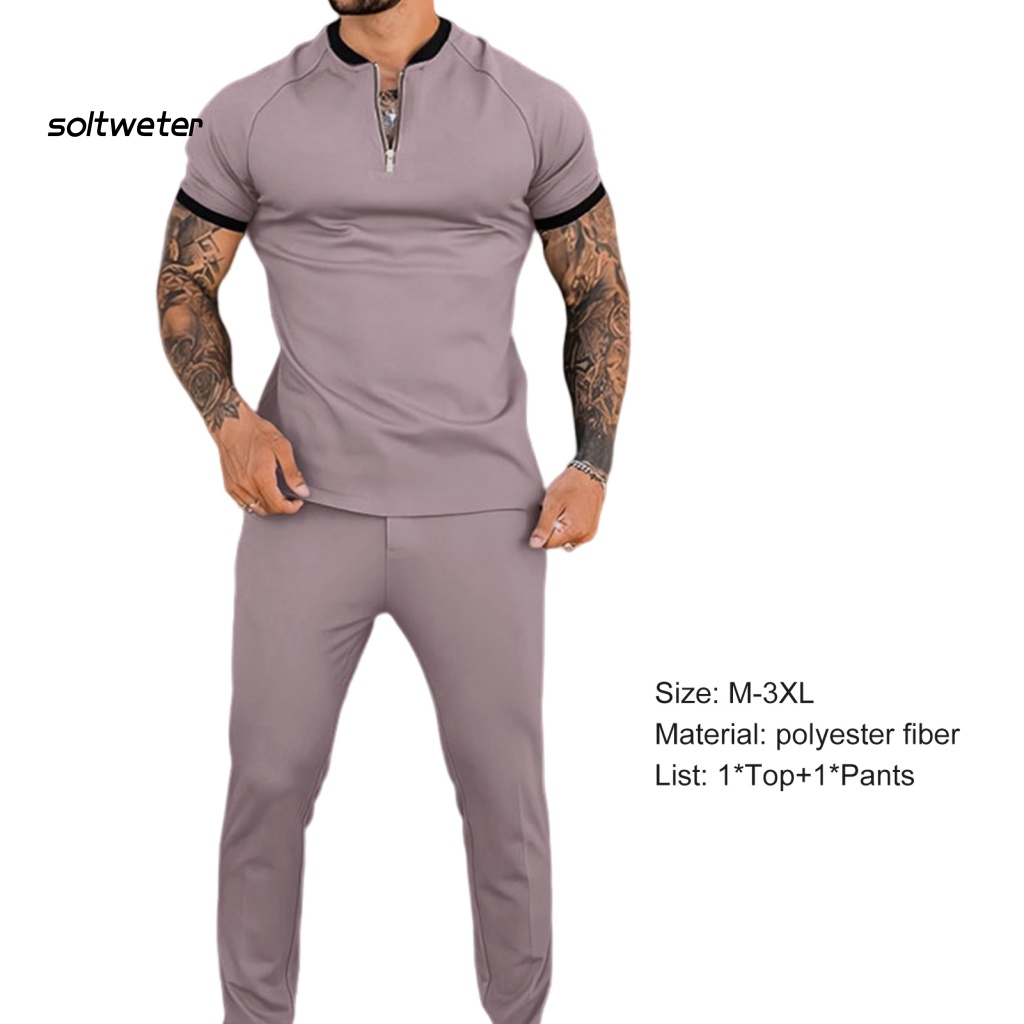 1 Bộ Áo Thun Tay Ngắn Dáng Ôm + Quần Dài Khóa Kéo Phối Màu Thời Trang Mùa Hè Cho Nam