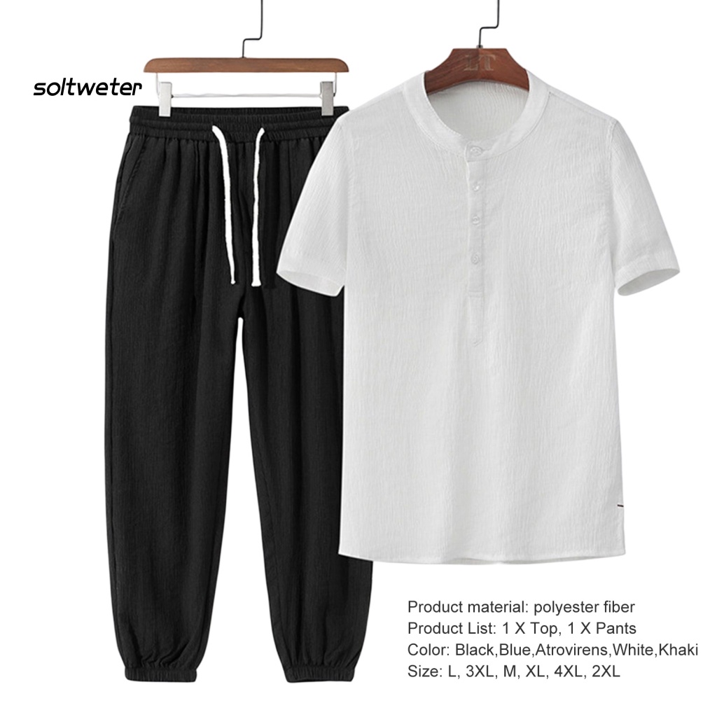 1 Bộ Áo Thun Cổ Tròn Cài Nút Màu Trơn Phối Quần Dài Lưng Thun Co Giãn Thời Trang Mùa Hè Cho Văn Phòng