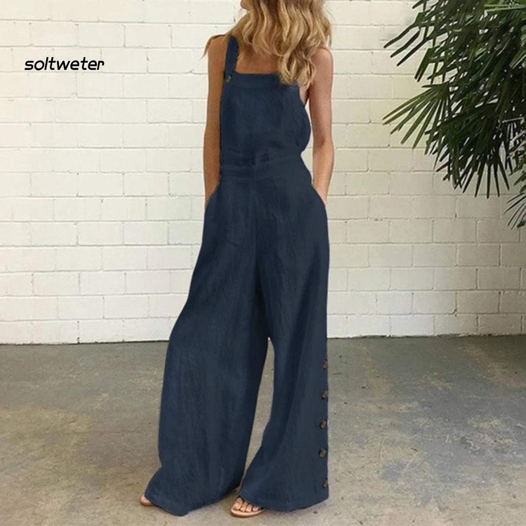 Bộ Áo Liền Quần Không Tay Cài Nút Cắt Sâu Màu Trơn Plus Size Cho Nữ