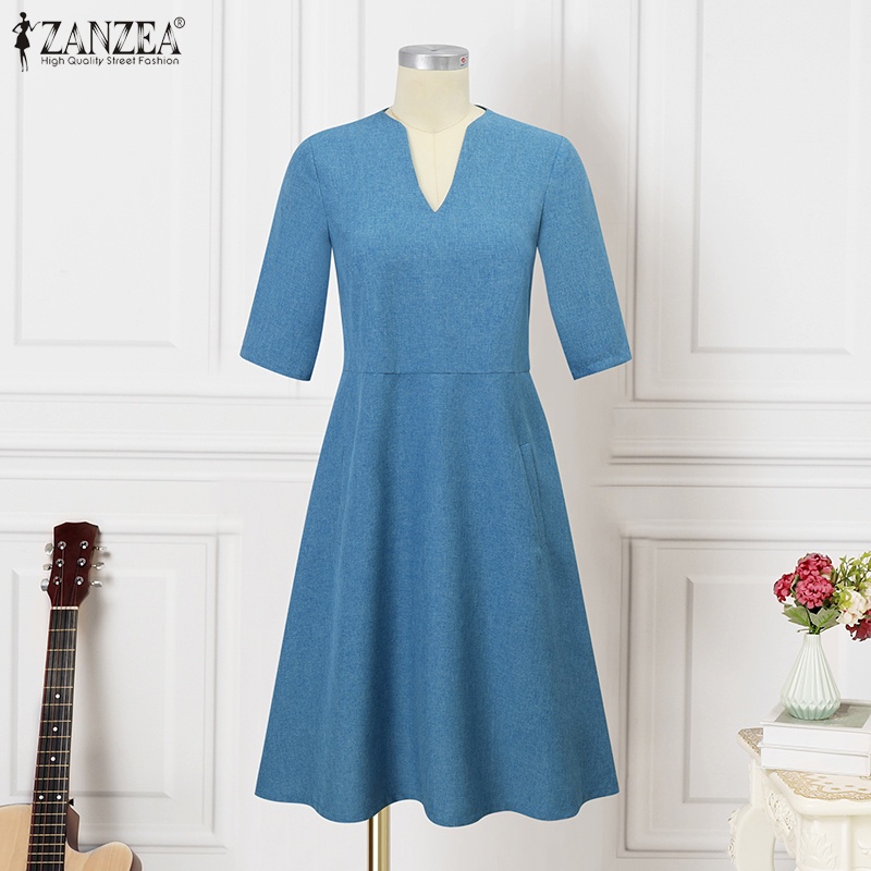 Zanzea Đầm Midi Tay Lửng Cổ Chữ V Phong Cách Vintage Nữ Tính