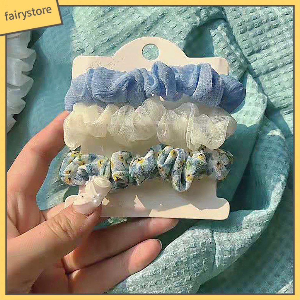 Set 3 Dây Buộc Tóc Cao Su Bọc Vải Chiffon Co Giãn In Họa Tiết Hoa Tươi Mới