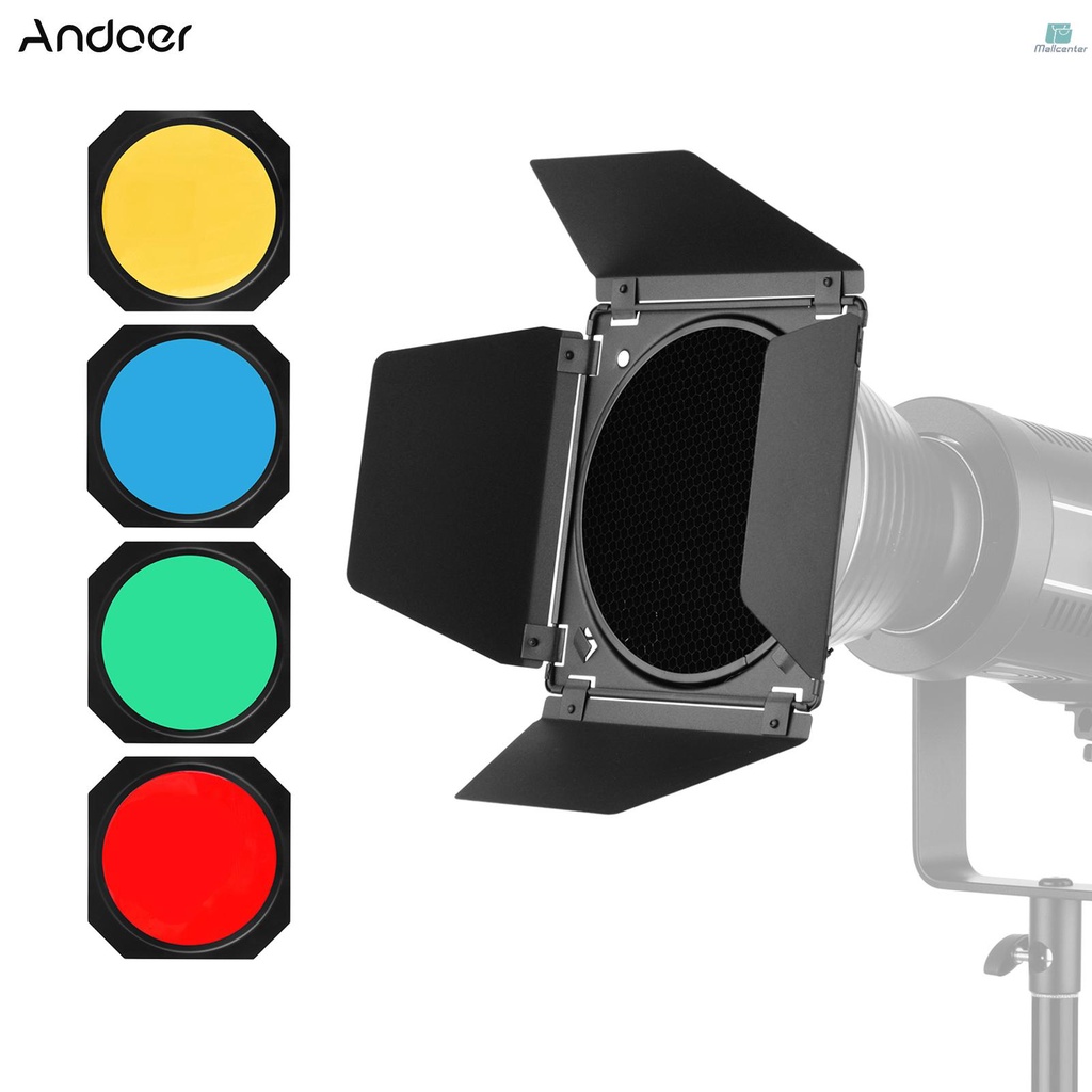 Andoer Photography Light Barn Door Barndoor Kit with Honeycomb Grid 4pcs Color Filters(Red/Yellow/Blue/Green) for 7 Inch Standard Reflector Strudio Portrait Product Photography