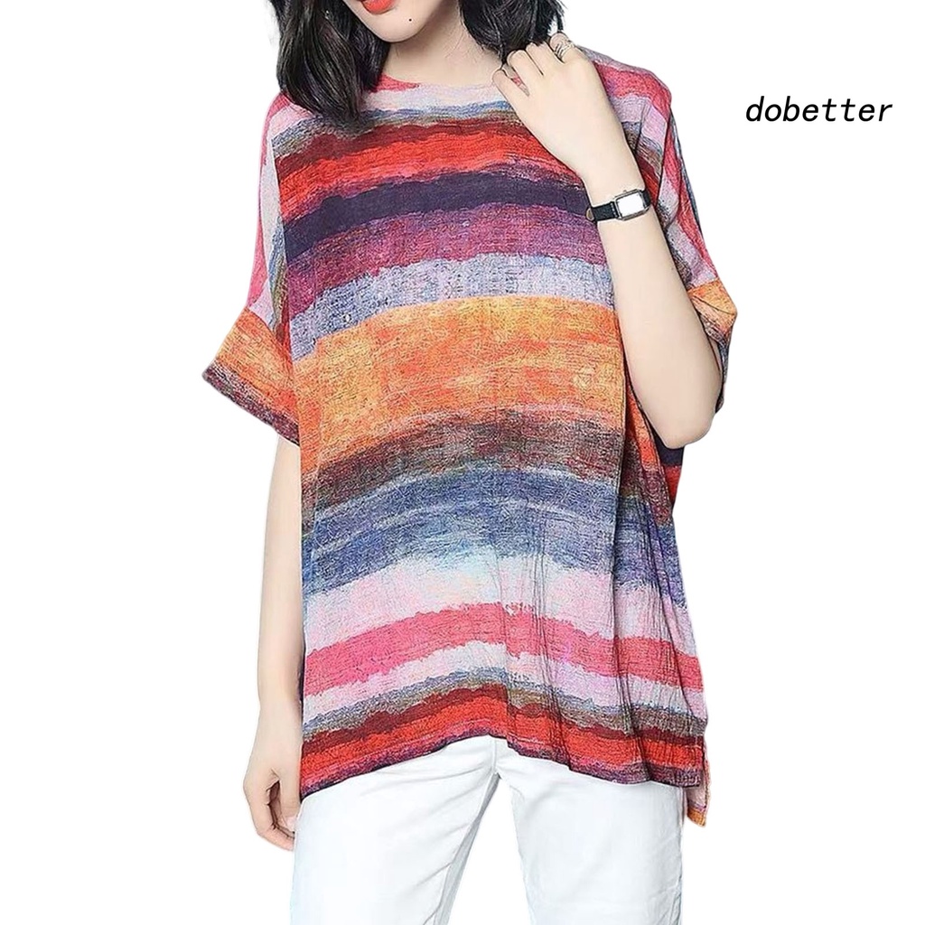 Áo Thun Tay Ngắn Cổ Tròn Dáng Rộng Họa Tiết Kẻ Sọc Màu Khối Thời Trang Mùa Hè Xinh Xắn Cho Nữ