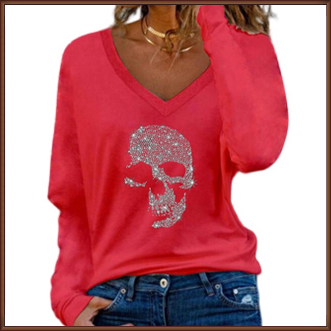 Áo Thun Nữ Tay Dài Cổ Chữ V In Hình Đầu Lâu Thời Trang