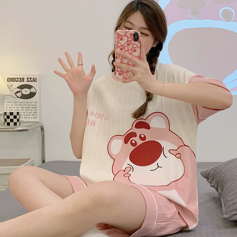 Bộ Đồ Ngủ Cotton Cổ Tròn Tay Ngắn Họa Tiết Hoạt Hình Thời Trang Mùa Hè 6535