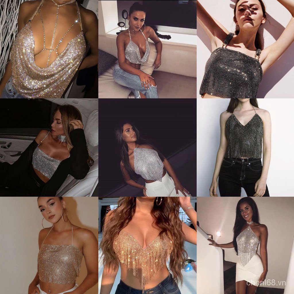 Áo Hai Dây Đính Đá Phong Cách Âu Mỹ Thời Trang Quyến Rũ Cho Nữ