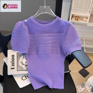 Áo Sweater Dệt Kim Tay Phồng Đính Đá Thời Trang Cho Nữ