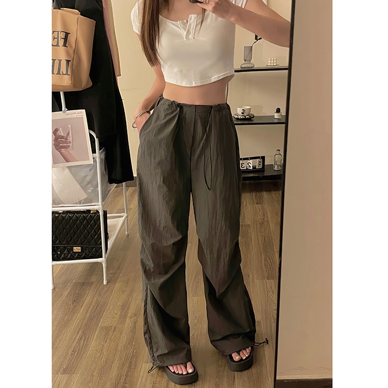 SUXI Quần ống rộng Lưng Cao Phối Dây Rút Thời Trang Mùa Hè Phong Cách Vintage