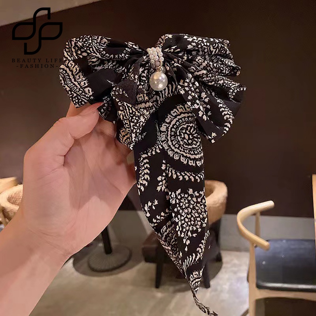 Kẹp Tóc Đuôi Ngựa Dài Nhiều Lớp Thắt Nơ Lớn In Họa Tiết Kẻ Sọc Caro Thanh Lịch Cho Nữ