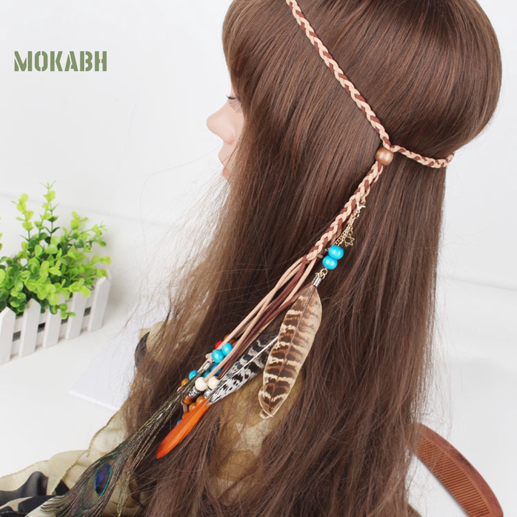 Băng Đô Bện Dây Giả Da Đính Hạt Phong Cách Boho Cổ Điển
