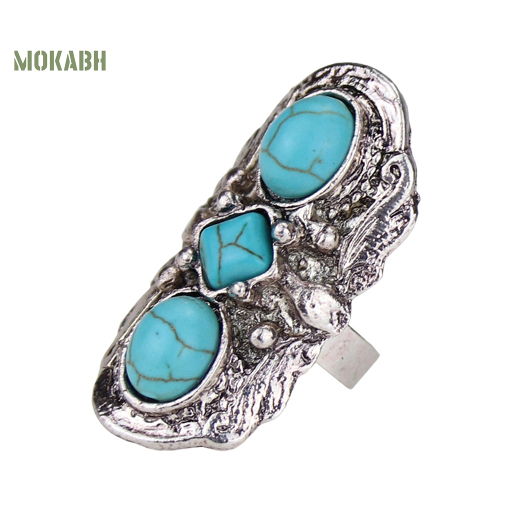 [Mok Abh] Nhẫn Hở Chạm Khắc Hoa Văn Đá Xanh Lá Phong Cách Bohemian Có Thể Điều Chỉnh Kích Thước