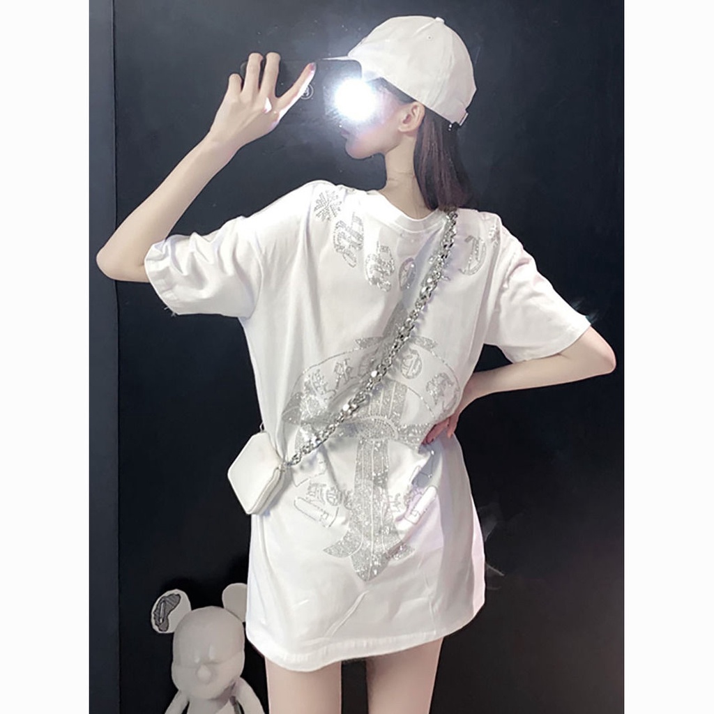 Thiết Kế Mùa Hè Niche Hot Áo Thun Ngắn Tay Dáng Rộng Cỡ Lớn Vừa Phải Đính Đá Công Nghiệp @