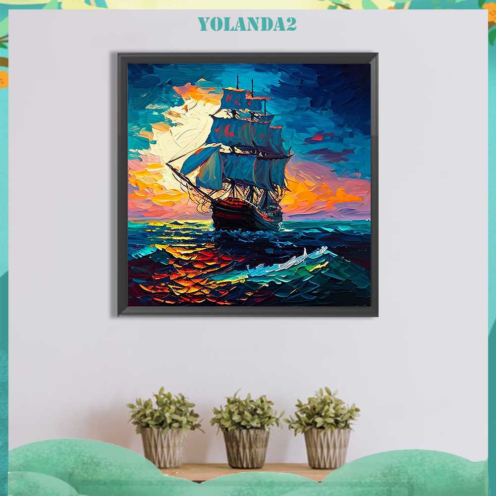 Tranh Đính Đá Kim Cương Toàn Bộ 5D DIY Hình Vẽ Thuyền Buồm Trang Trí Nhà Cửa