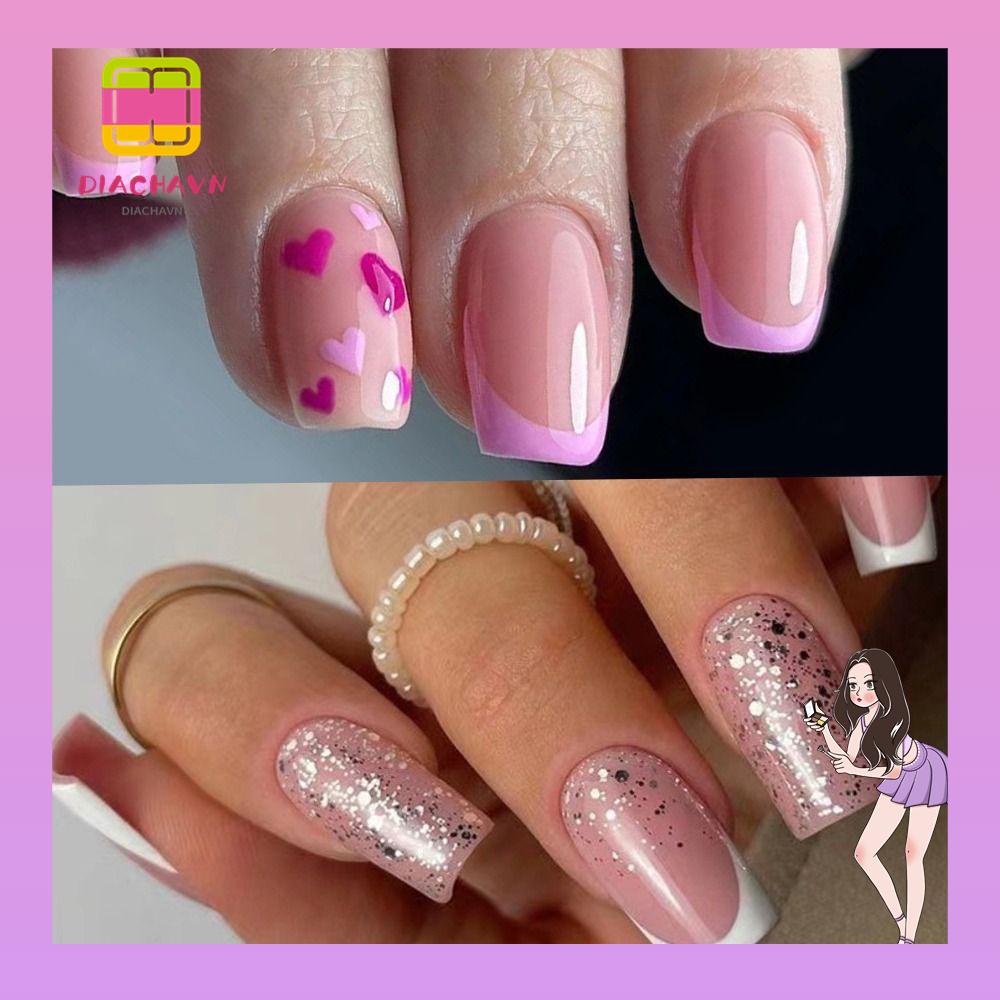 Set 24 Móng Tay Giả Viền Trắng Có Thể Tháo Rời DIY