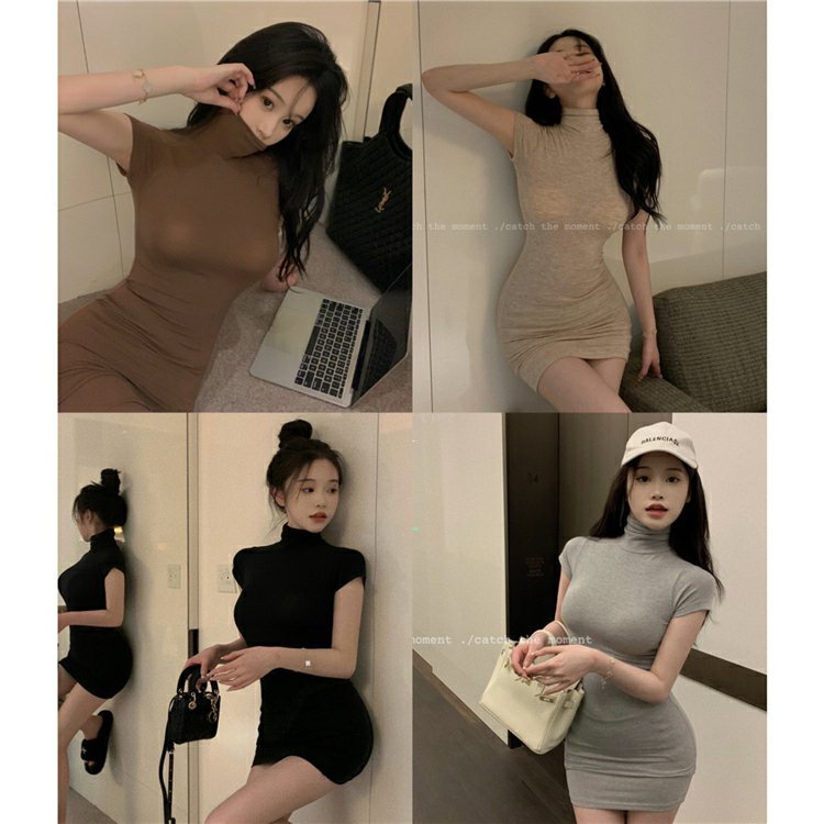 Đầm Tay Ngắn Cổ Cao Dáng Ôm Thời Trang Mùa Hè Quyến Rũ Cho Nữ