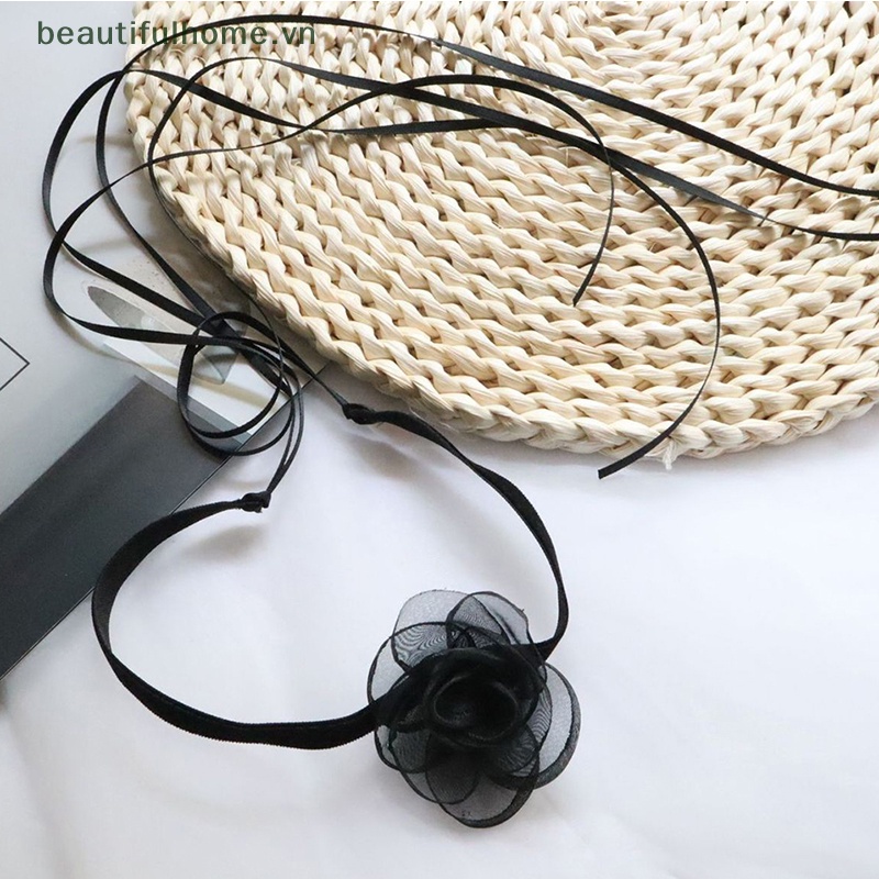 [beautifulhome] Vòng Cổ Choker Dây Ruy Băng Hoa Trà Siêu Dài Màu Đen Quyến Rũ Làm Quà Tặng Tiệc Tùng [beauty]