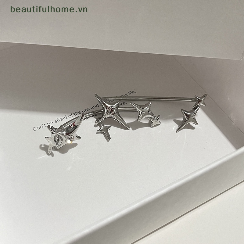 1 Đôi Bông Tai Kẹp Hình Ngôi Sao Màu Bạc Đính Đá Zircon Không Đối Xứng Phong Cách Gothic Thời Trang Cho Nữ