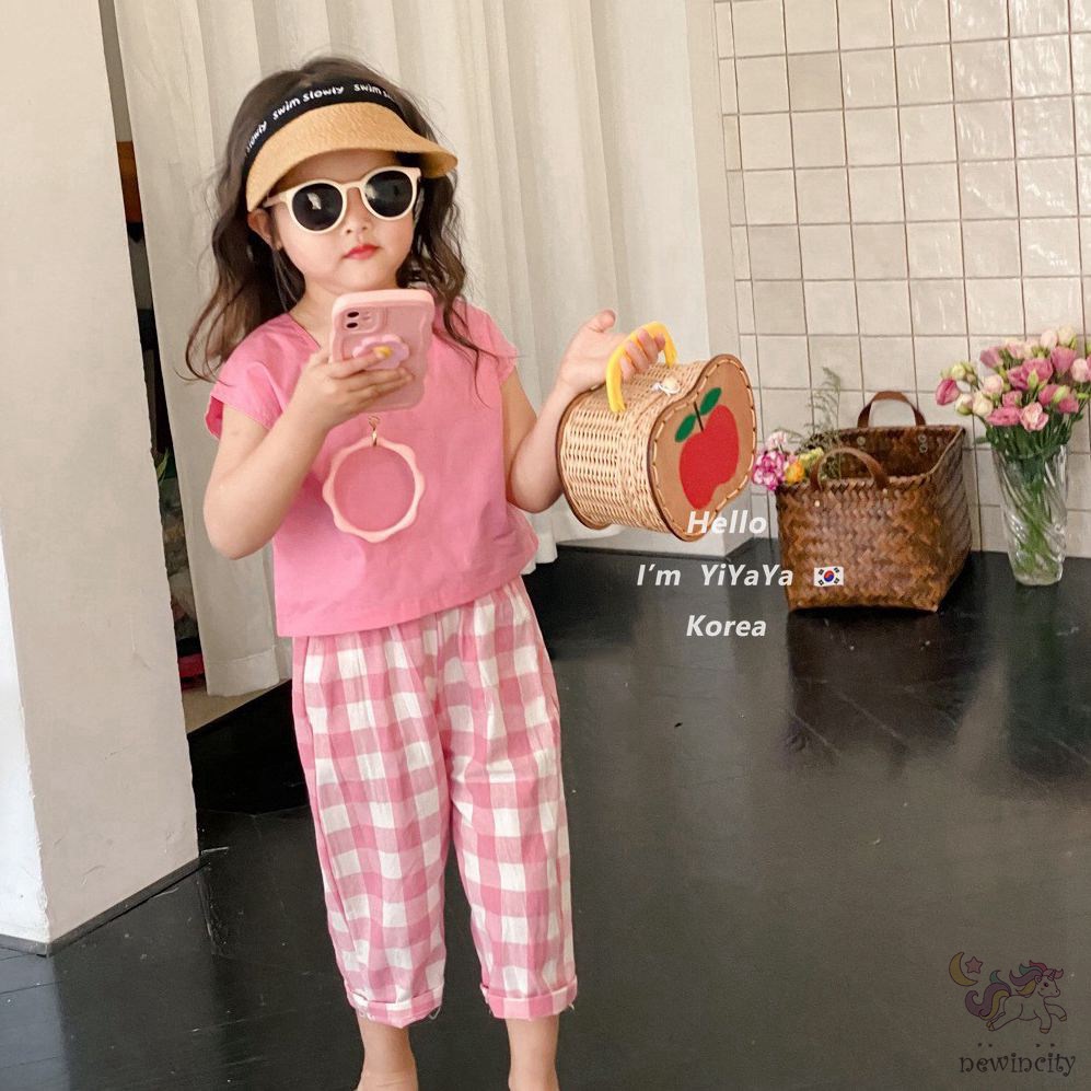 Set Đồ Mùa Hè 2 Món Gồm Áo Cổ Vuông Hở Lưng Màu Trơn + Quần Dài Eo Thun Kẻ Sọc Caro Cho Bé Gái