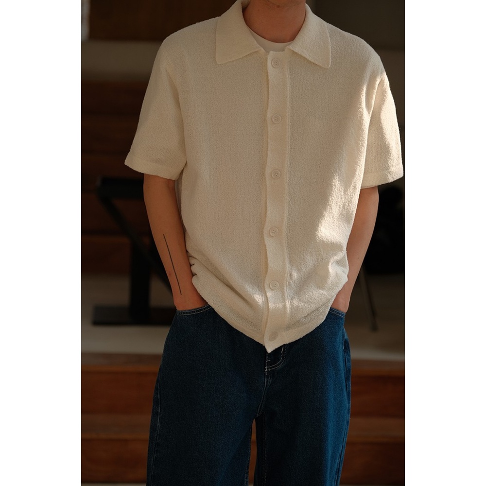 Áo Thun Polo Dệt Kim Mỏng Tay Ngắn Dáng Rộng Màu Sắc Đơn Giản Phong Cách Đường Phố Nhật Bản Cho Nam Và Nữ