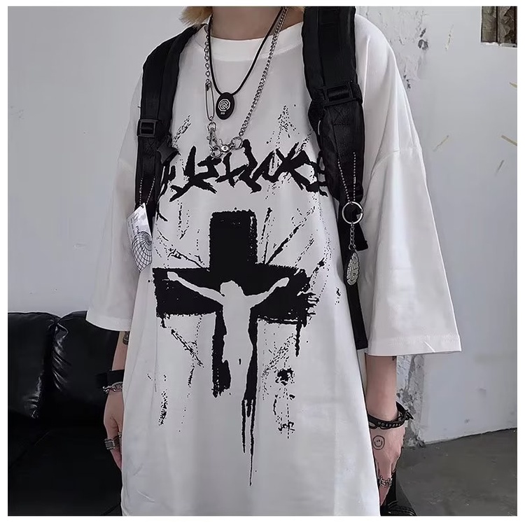 Áo Thun Tay Lỡ Dáng Rộng In Chữ Thập Phong Cách Đường Phố Thời Trang Mùa Hè Cho Nam