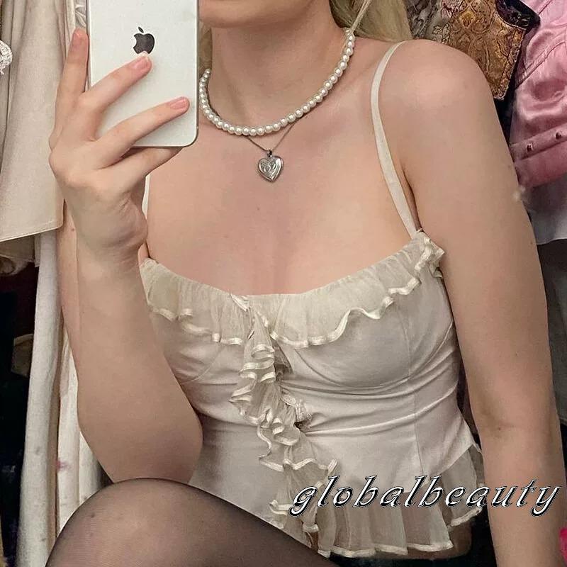 Áo Croptop Hai Dây Phối Ren Cổ Thấp Hở Lưng Ngọt Ngào Thời Trang Mùa Hè Cho Bạn Gái