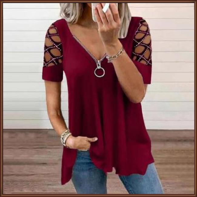 Áo Thun Tay Ngắn Cổ Chữ V Khoét Lỗ Màu Sắc Thời Trang Mùa Hè Cho Nữ