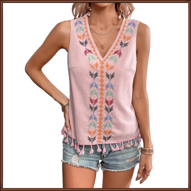 Áo Tank Top Không Tay Cổ Chữ V Viền Tua Rua Thêu Họa Tiết Phong Cách Boho Thời Trang Cho Nữ