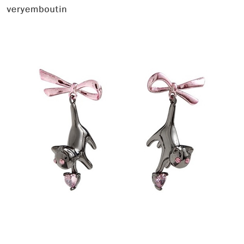 Bông Tai Dáng Dài Đính Đá Hình Mèo Và Nơ Màu Hồng / Trái Tim Màu Đen Ngọt Ngào