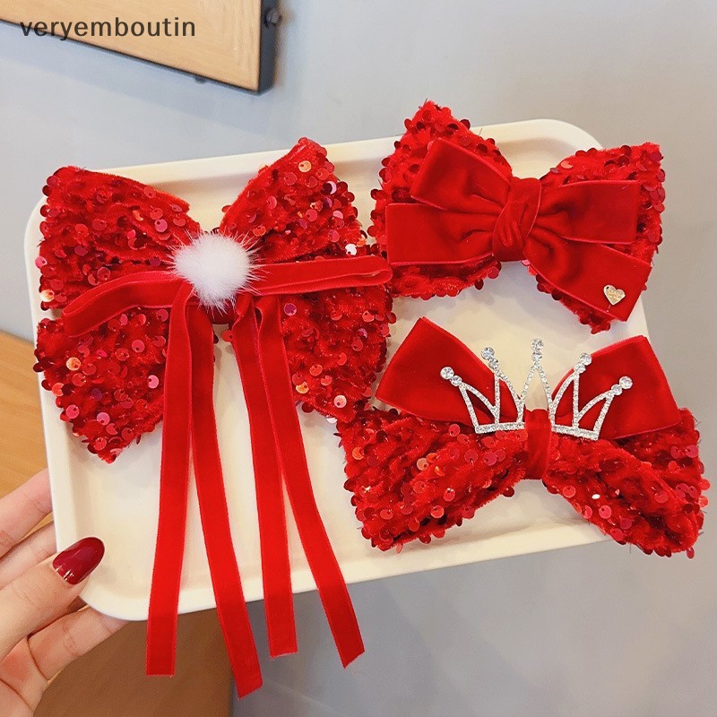 Kẹp Tóc Nơ Tua Rua Màu Đỏ Mừng Năm Mới Cho Bé Gái