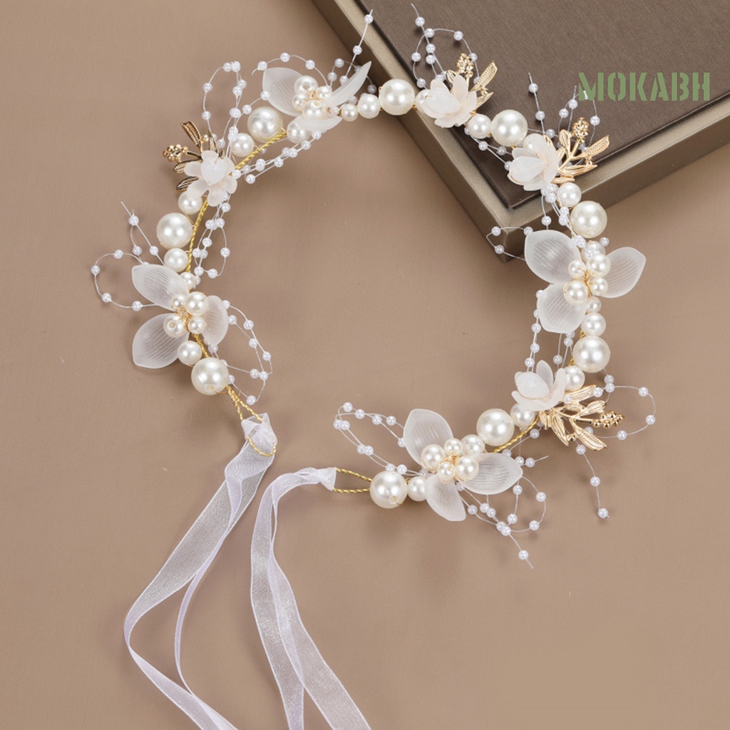 Băng Đô Đính Hoa Ngọc Trai Giả Thắt Nơ Ruy Băng Lãng Mạn Có Thể Điều Chỉnh Trang Trí Tóc Cho Bé Gái