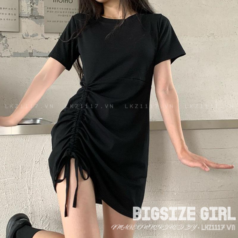 Váy đầm nữ Bigsize Đầm thun suông tay ngắn cổ tròn thiết kế dây rút đen mùa hè Phong cách Hàn Quốc Thời Trang đẹp
